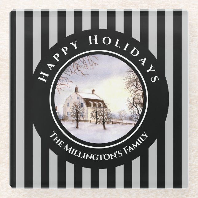 Winter in New England Christmas Black Grey Circle Glass Coaster (Front)