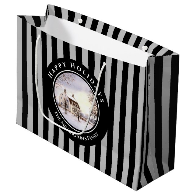 Winter in New England Christmas Black Grey Circle Large Gift Bag (Front Angled)