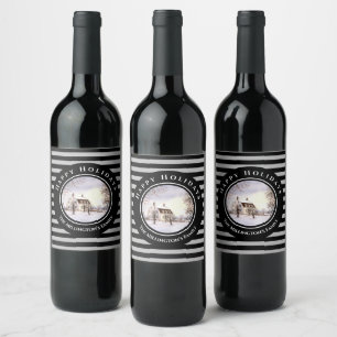 Winter in New England Christmas Black Grey Circle Wine Label