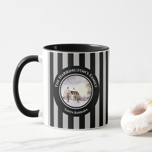 Winter in New England Christmas Black Grey Mug (With Donut)