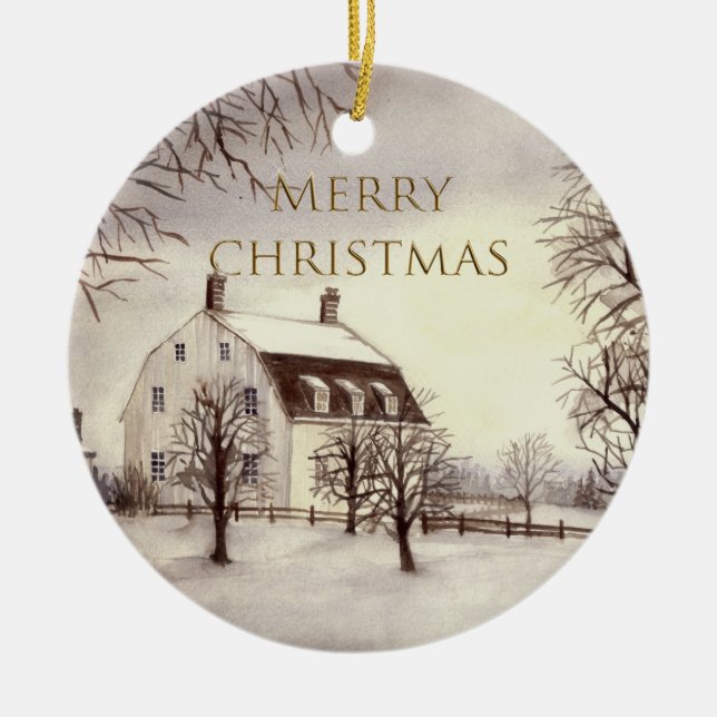 Winter in New England Watercolor Painting Ceramic Ornament (Front)
