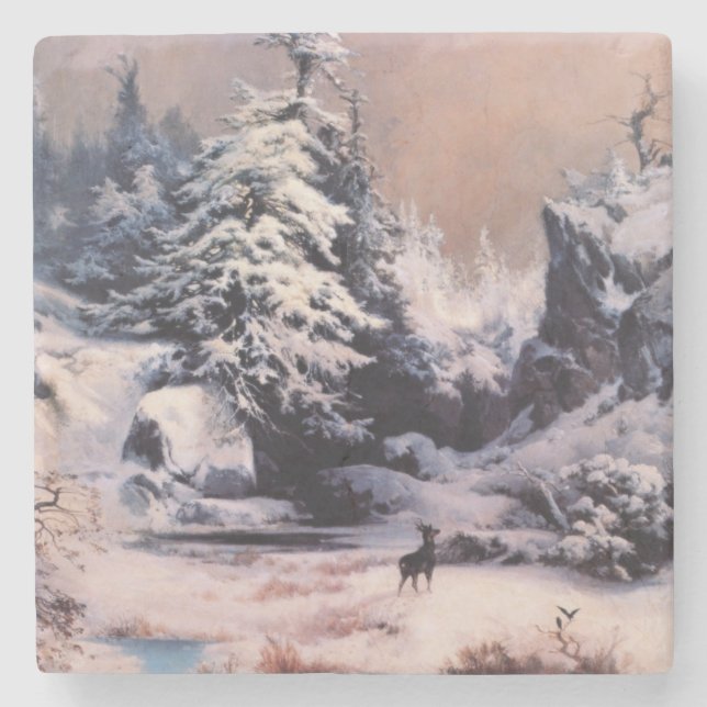 Winter in the Rocky Mountains (by Thomas Moran) Stone Coaster (Front)