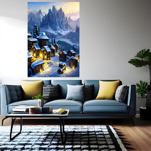 Winter in the snow village AI Art Poster