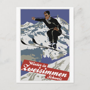 Winter in Zweisimmen vintage ski travel ad Postcard