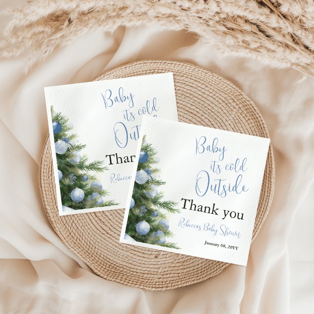 Winter It's Cold Outside Blue Bow Baby Shower Napkin (Creator Uploaded)