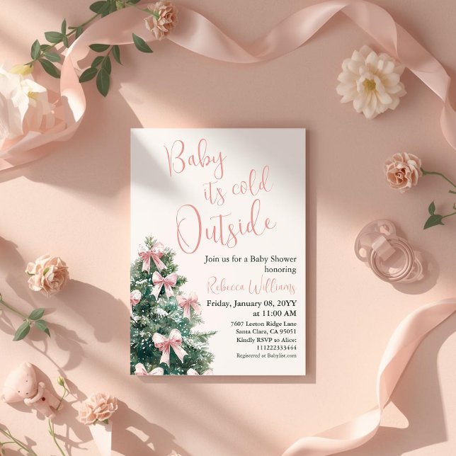 Winter It's Cold Outside Pink Bow Girl Baby Shower Invitation (Creator Uploaded)