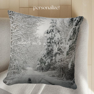 Winter journey through the woodland throw pillow