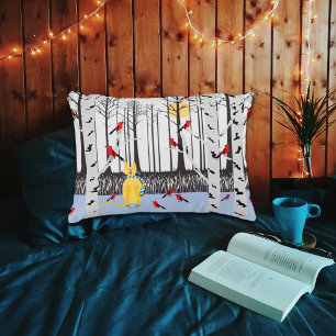 Winter Joy - Cat with scarf Birch Trees Cardinals Accent Pillow