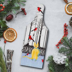 Winter Joy - Cat with scarf Birch Trees Cardinals Cutting Board