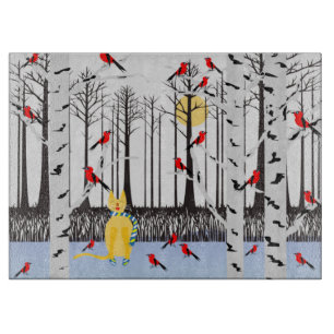 Winter Joy - Cat with scarf Birch Trees Cardinals Cutting Board