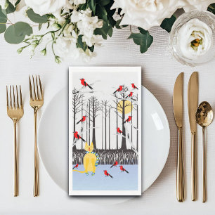 Winter Joy - Cat with scarf Birch Trees Cardinals Napkin