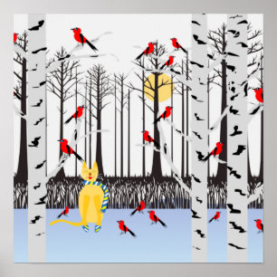 Winter Joy - Cat with scarf Birch Trees Cardinals Poster