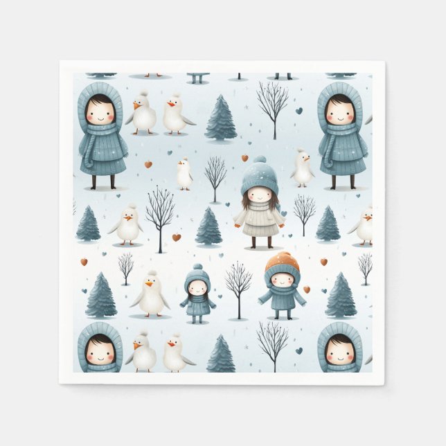 Winter Kids Playing Napkin (Front)