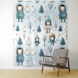 Winter Kids Playing Tapestry