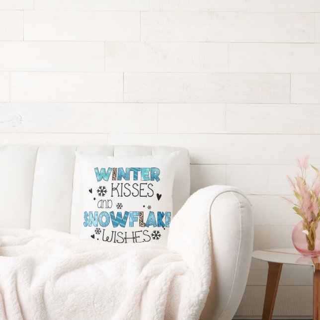 Winter Kisses and Snowflake Wishes Winter Holidays Throw Pillow (Couch)