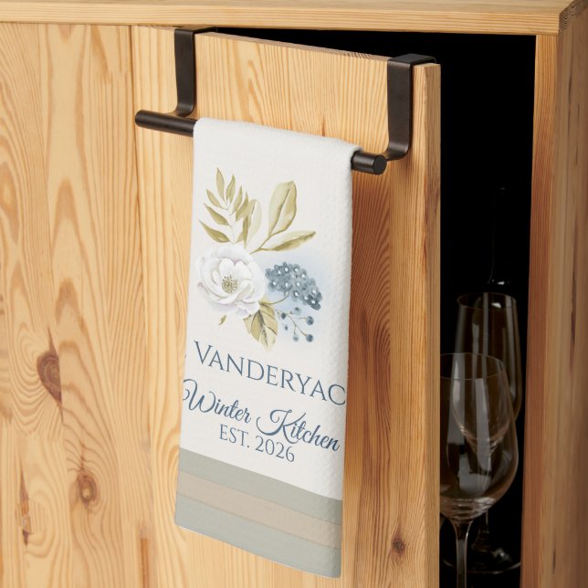 Winter Kitchen Floral Blueberries White Bloom Kitchen Towel (Thirds Fold)