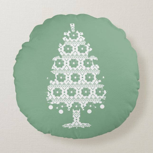 Winter Knit Christmas Tree Round Pillow (Front)