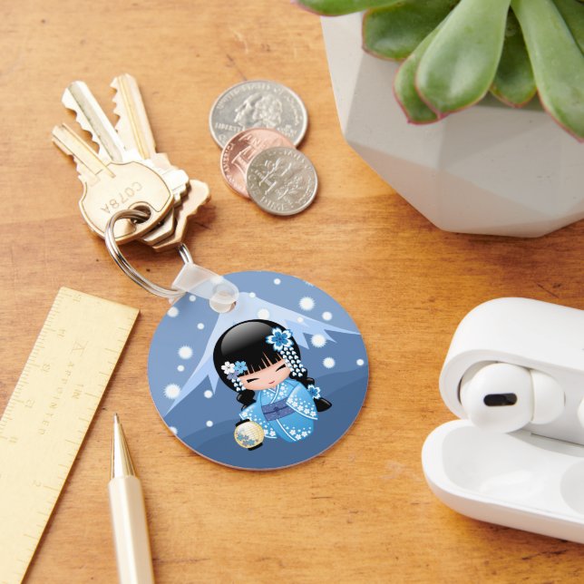 Winter Kokeshi Doll - Blue Kimono Geisha Girl Keychain (Desk)