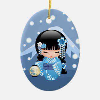 Winter Kokeshi Doll - Blue Mountain Geisha Girl Ceramic Ornament