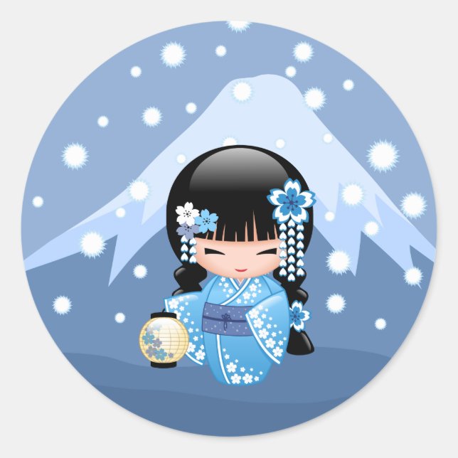 Winter Kokeshi Doll Blue Mountain Geisha Girl Classic Round Sticker (Front)