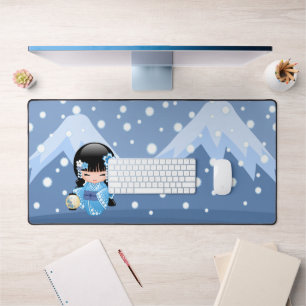 Winter Kokeshi Doll - Blue Mountain Geisha Girl Desk Mat