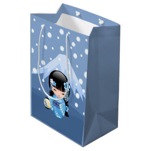 Winter Kokeshi Doll - Blue Mountain Geisha Girl Medium Gift Bag