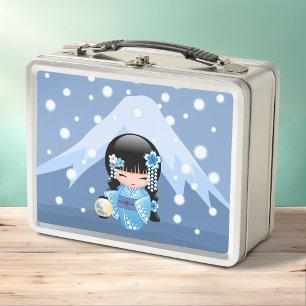 Winter Kokeshi Doll - Blue Mountain Geisha Girl Metal Lunch Box