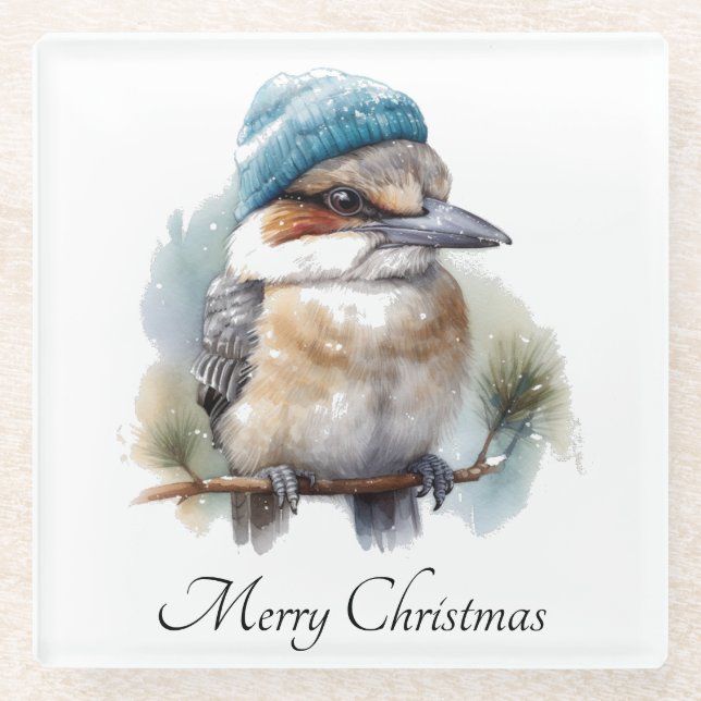 Winter Kookaburra Wishes, custom Glass Coaster (Front)
