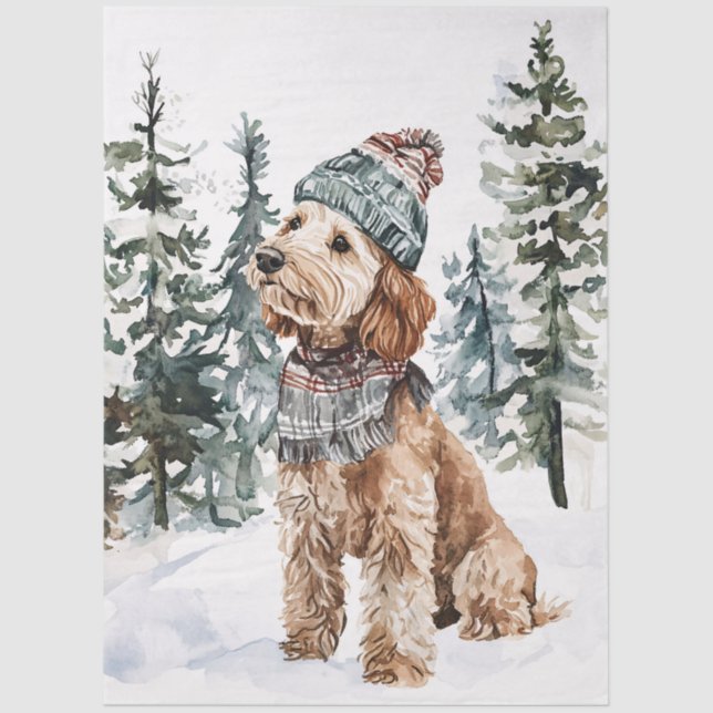 Winter Labradoodle in Hat and Scarf Decoupage Tissue Paper (Front)
