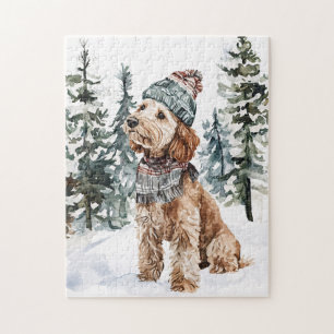 Winter Labradoodle in Hat and Scarf Jigsaw Puzzle