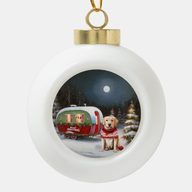 Winter Labrador Caravan Christmas Adventure Ceramic Ball Christmas Ornament (Front)