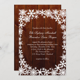 Winter Lace on Dark Wood Wedding Invitation