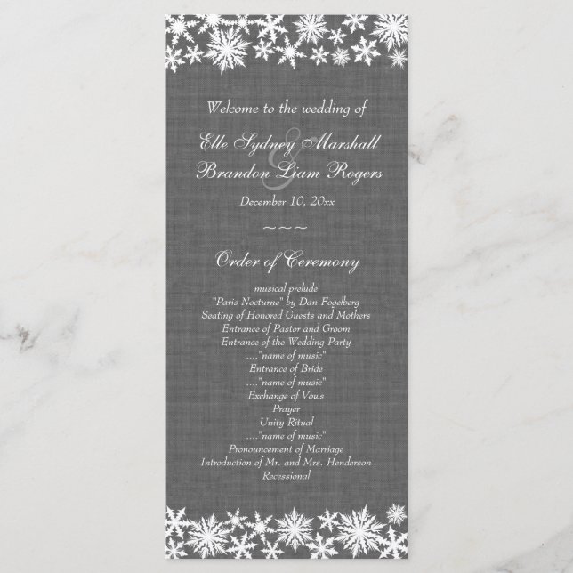 Winter Lace on Grey Linen Wedding Program (Front)