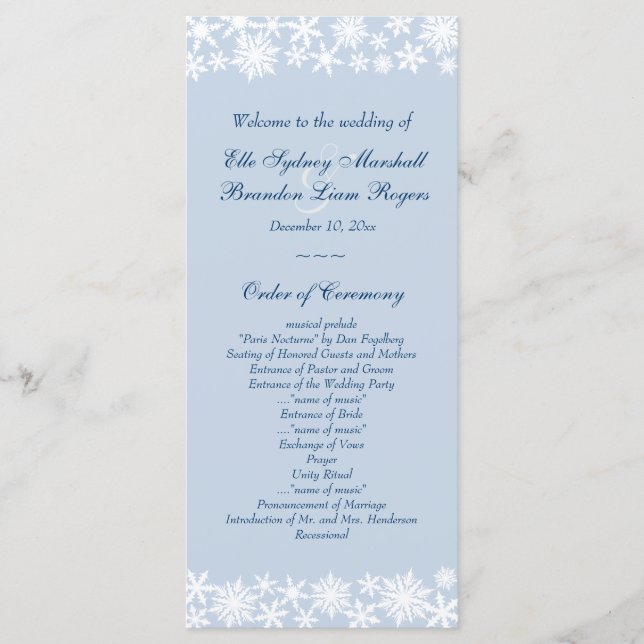 Winter Lace on Icy Blue Wedding Program (Front)