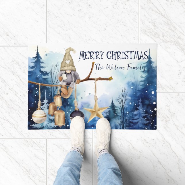Winter Lady Gnome Blue Forest Merry Christmas Doormat (Indoor)