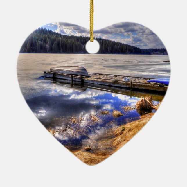 Winter Lake and Kayak Wilderness Landscape Ceramic Ornament (Back)