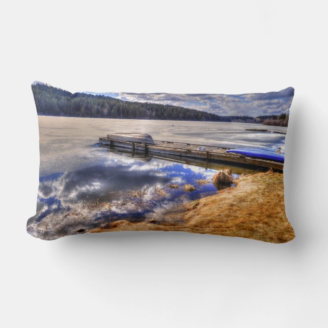 Winter Lake and Kayak Wilderness Landscape Lumbar Pillow (Front)