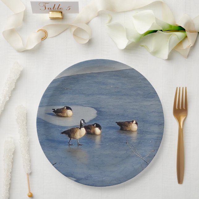 Winter Lake Geese and Goose Ice Napping Paper Plate (Wedding)