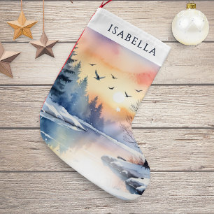 Winter Lake Sunrise Snow Scene Personalized Small Christmas Stocking