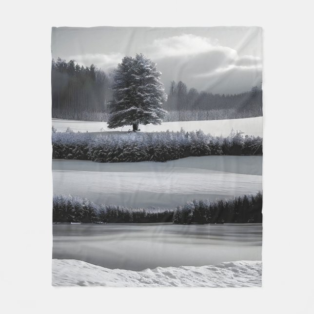 Winter landscape and tree, black and white - art fleece blanket (Front)