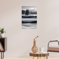Winter landscape and tree, black and white - art