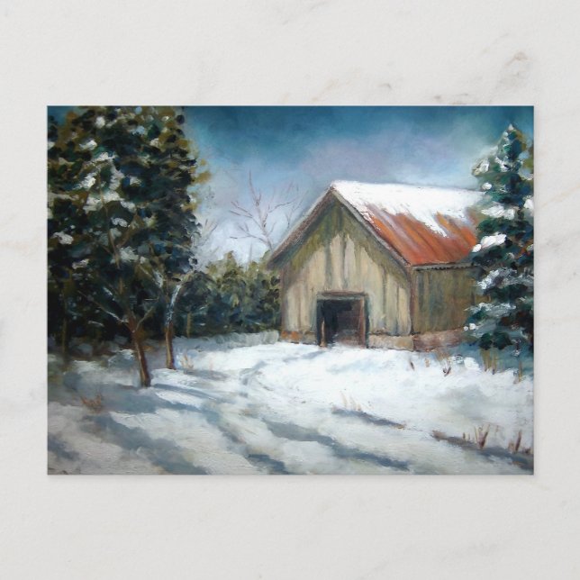 WINTER LANDSCAPE ART WITH BARN POSTCARD (Front)