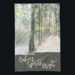 Winter Landscape Baking Spirits Bright Kitchen Towel<br><div class="desc">Winter Landscape kitchen towel,  lettered with "Baking Spirits Bright" in trendy script typography. This rustic country design has a watercolor scene of a tree-lined woodland path with warm glowing lanterns and a country cabin.</div>