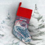 ❄ Winter Landscape Engraved Illustration  Christmas Stocking<br><div class="desc">This unique modern Christmas stocking with an illustrated engraved ❄ winter landscape on a red background, a house and snowy trees and the personal name on it will bring a special Christmas joy to any loved one! You can customize the background, font and text. 🎄✨ Merry Christmas! ©Susanne Sachers -...</div>