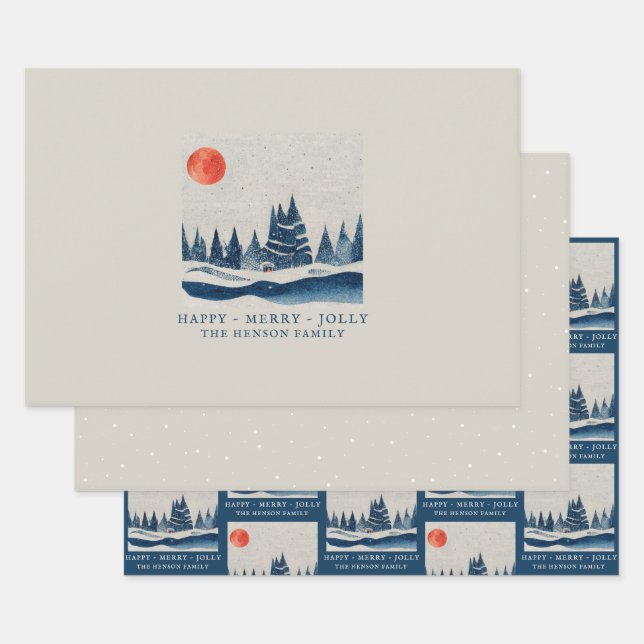 Winter Landscape Forest Moon Christmas Holiday Wrapping Paper Sheet (Set)