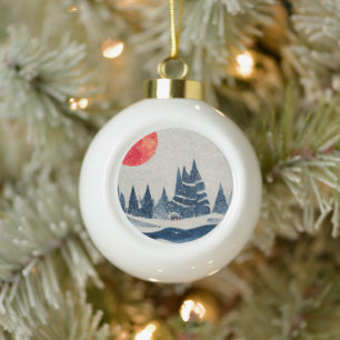 Winter Landscape Forest Moon Navy Blue Drawing Ceramic Ball Christmas Ornament