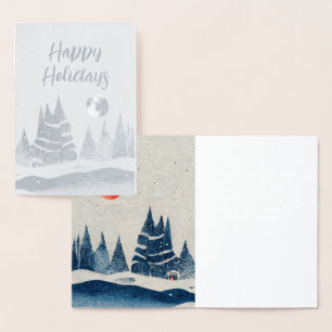 Winter Landscape Forest Moon Navy Blue Drawing Foil Card