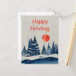 Winter Landscape Forest Moon Navy Blue Drawing  Holiday Postcard