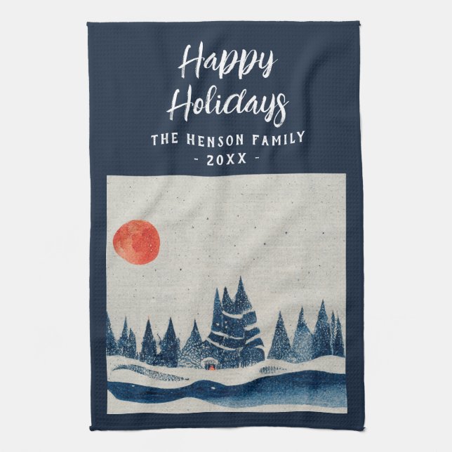 Winter Landscape Forest Moon Navy Blue Drawing Kitchen Towel (Vertical)