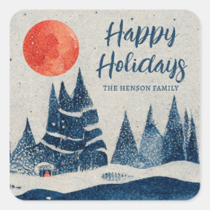 Winter Landscape Forest Moon Navy Blue Drawing Square Sticker